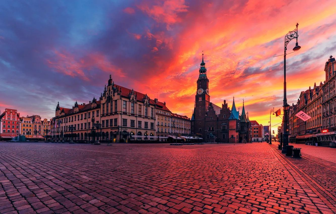 Photo wallpaper sunset, the city, building, Poland, Wroclaw, Market square