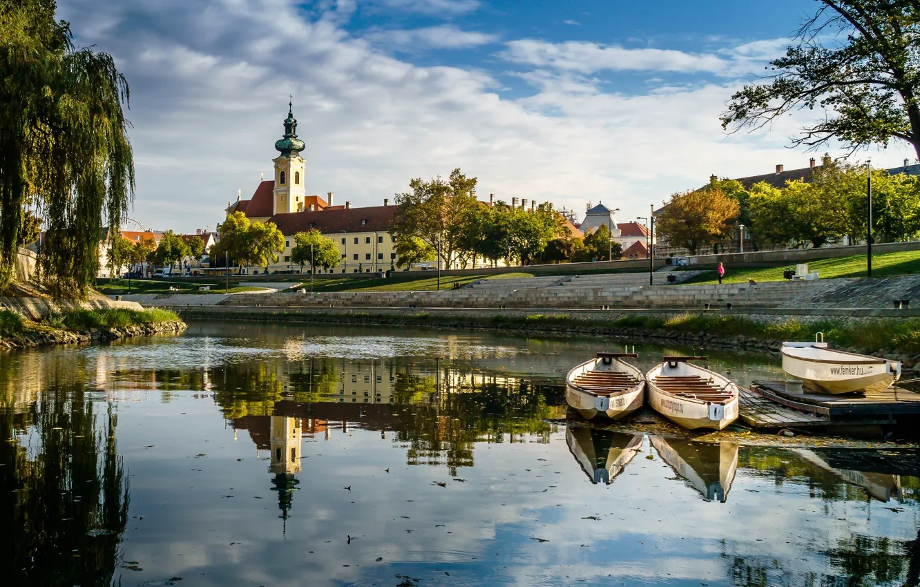 Photo wallpaper landscape, nature, pond, vegetation, boat, Church