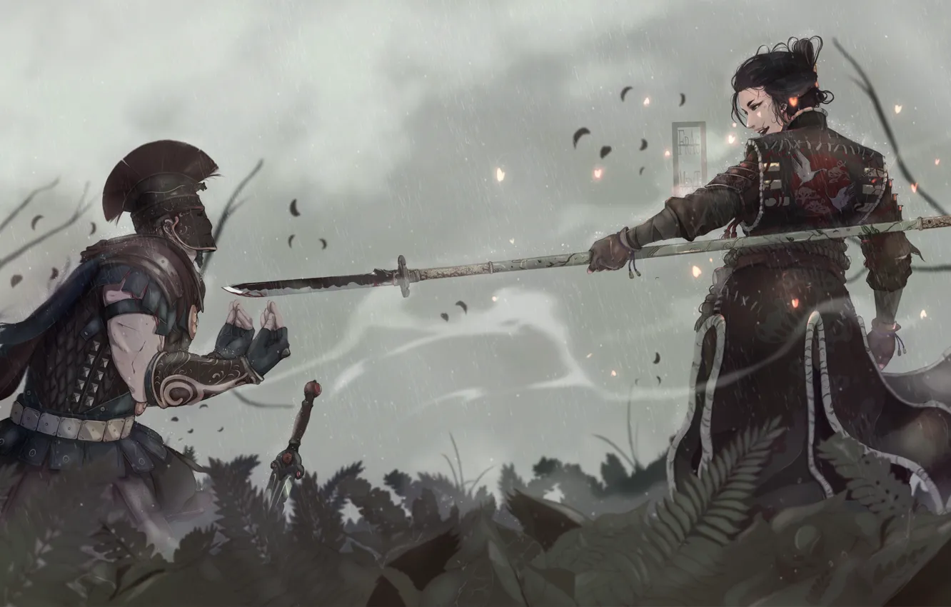 Photo wallpaper sword, fantasy, soldier, rain, armor, samurai, artist, weapons