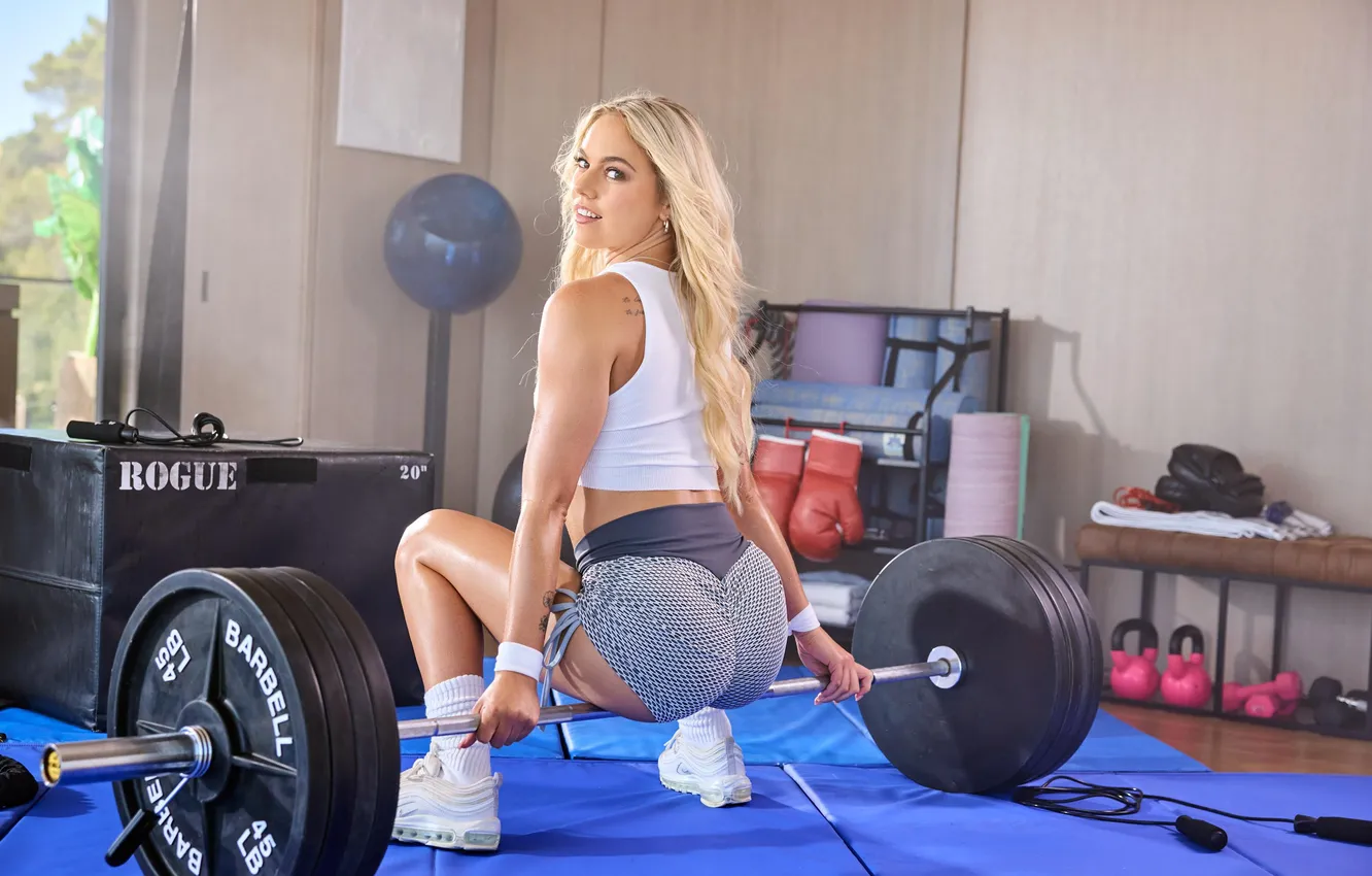 Photo wallpaper girl, shorts, sports, fitness, gym, sneakers, dumbbells, barbell