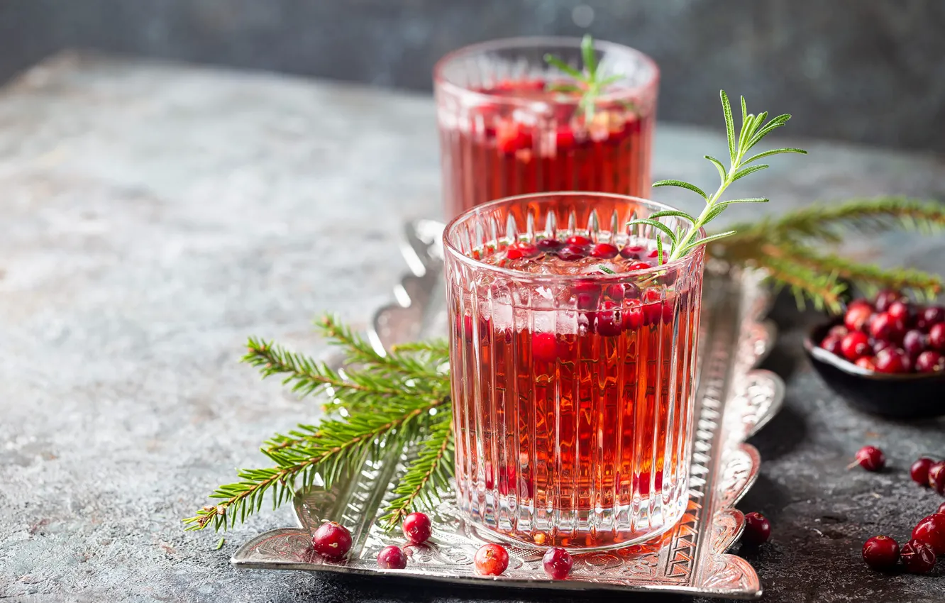 Photo wallpaper glass, berries, tea, juice, drink, needles, tray, bokeh