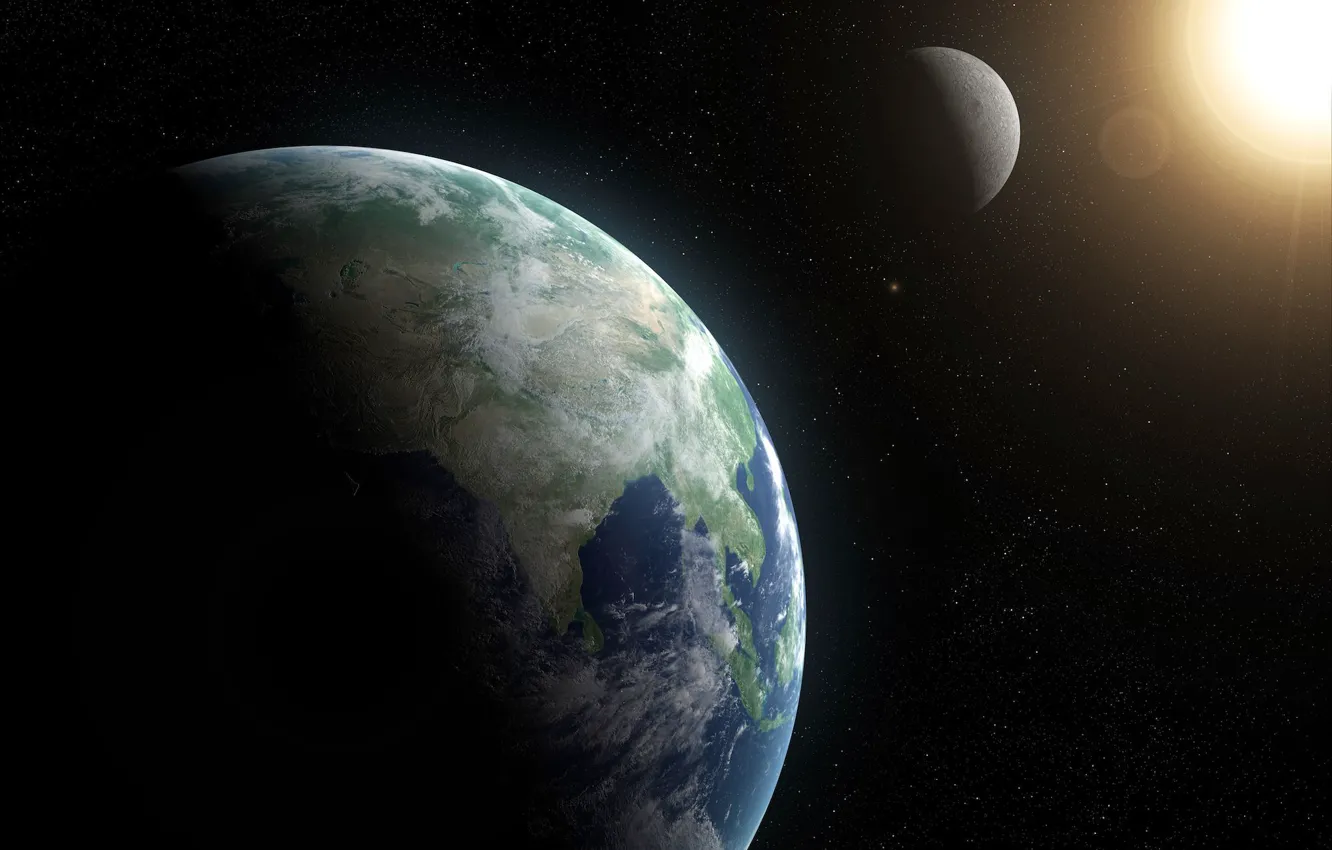 Photo wallpaper moon, sun, planet earth, oceans, continents