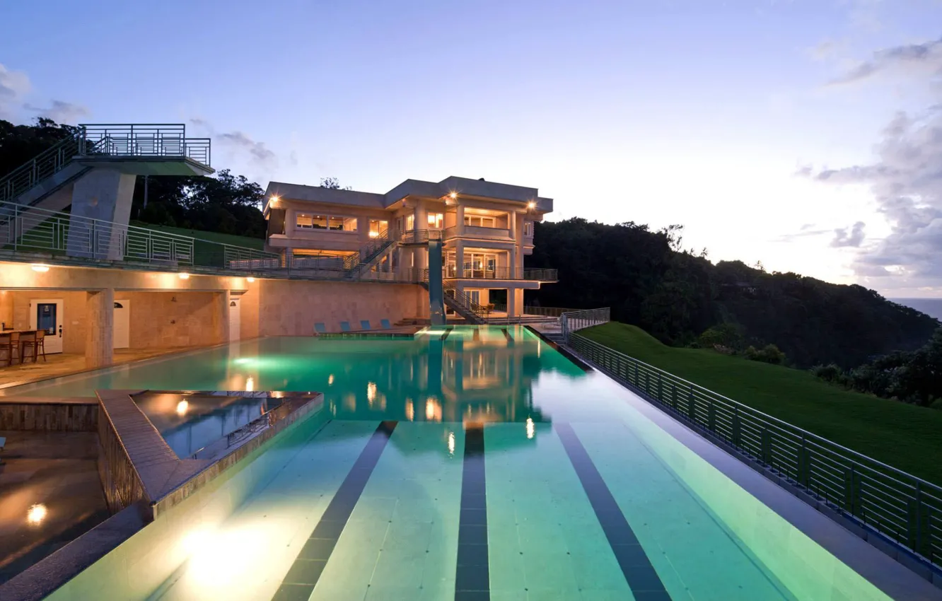 Photo wallpaper Villa, the evening, pool, lighting, architecture