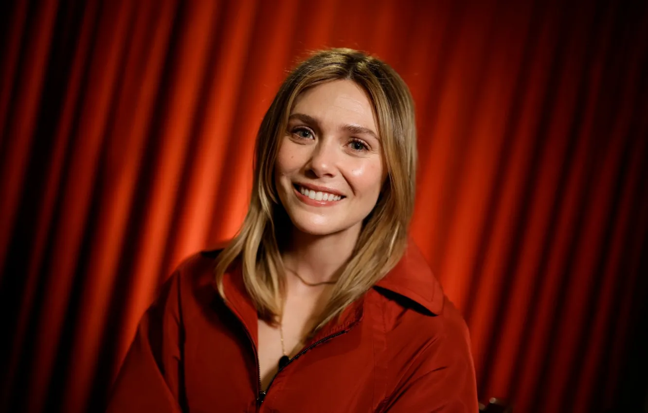 Photo wallpaper look, pose, smile, makeup, in red, hair, Elizabeth Olsen, Elizabeth Olsen