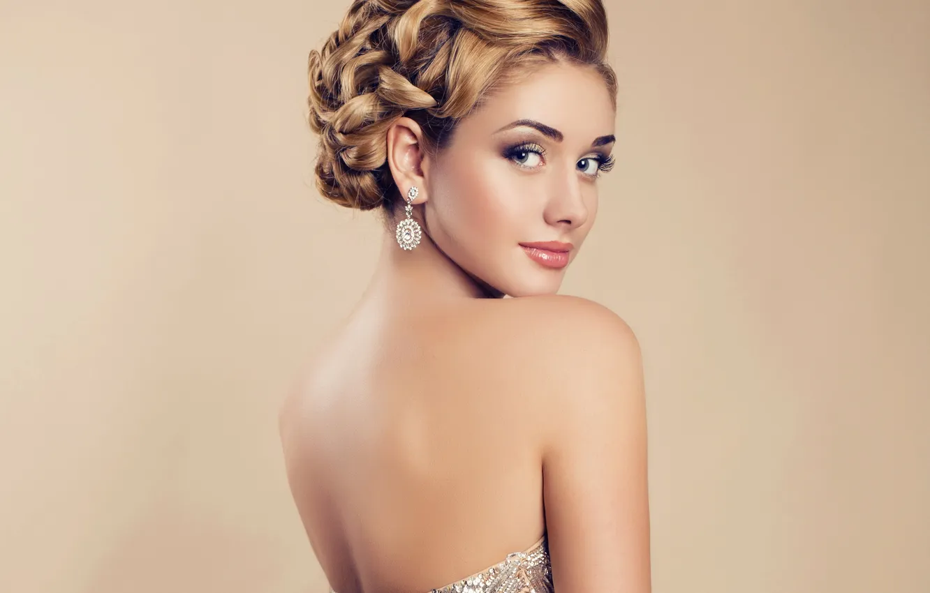 Photo wallpaper look, girl, background, hair, back, makeup, dress, hairstyle