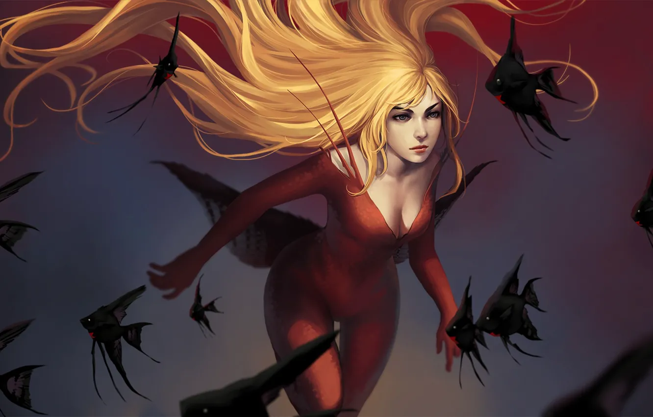 Photo wallpaper girl, hair, fish, art, blonde