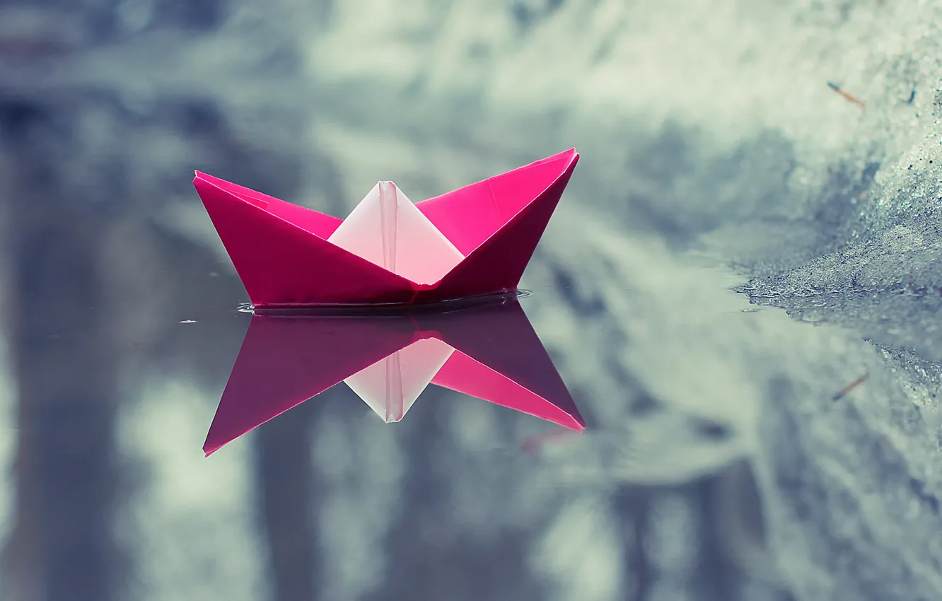 Photo wallpaper water, reflection, pink, paper boat