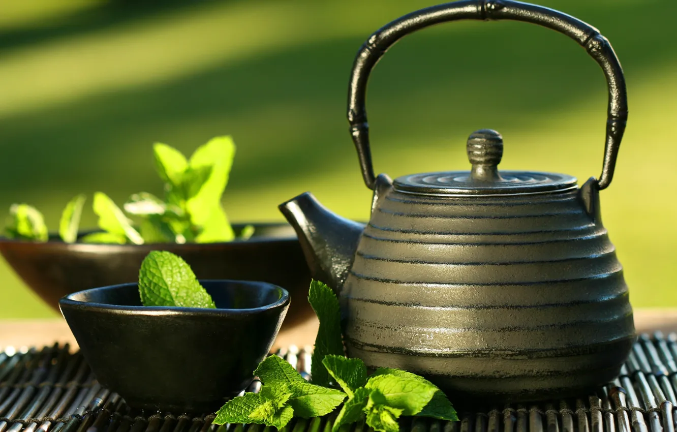 Photo wallpaper kettle, mint, East tea, cup