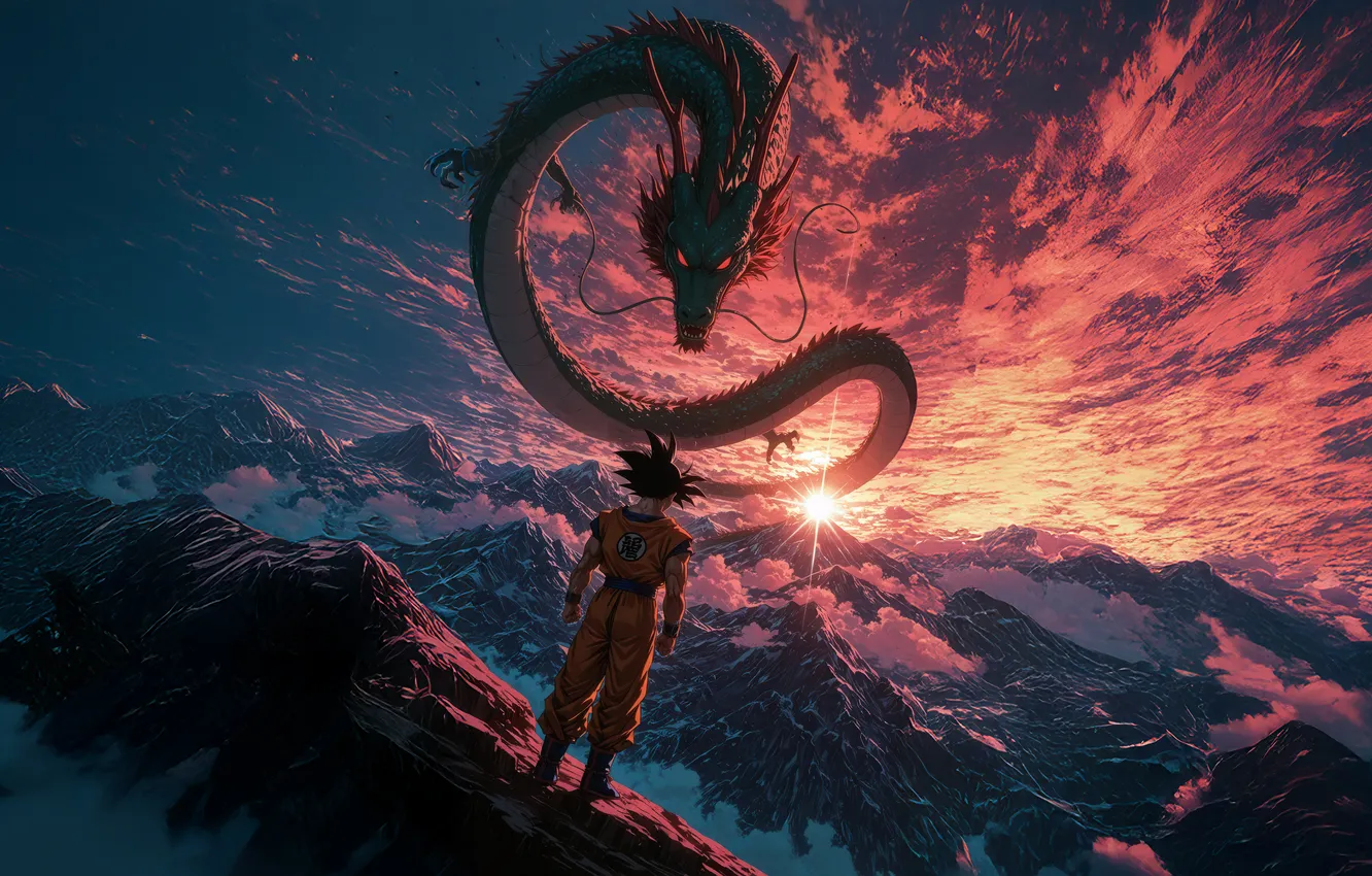 Photo wallpaper clouds, Goku, The light of the sun, the tops of the mountains, Anime art, Goku …