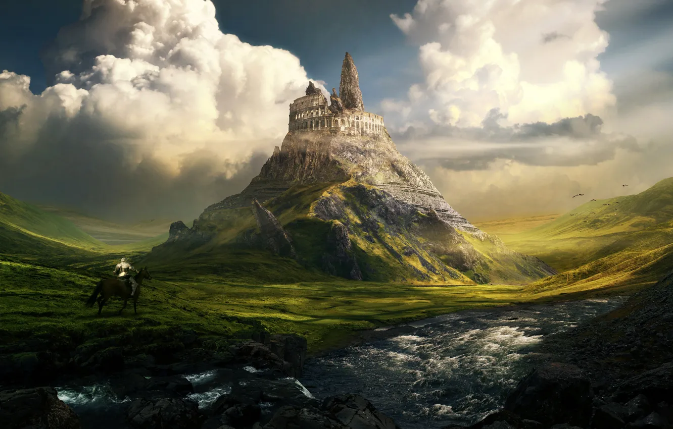 Photo wallpaper landscape, mountains, river, fiction, building, art, Rome, Colosseum