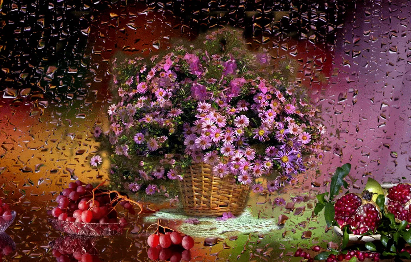 Photo wallpaper flowers, rain, grapes, Basket, still life, garnet