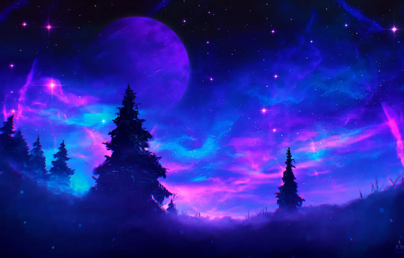 Photo wallpaper forest, space, night, fog, planet, fantasy