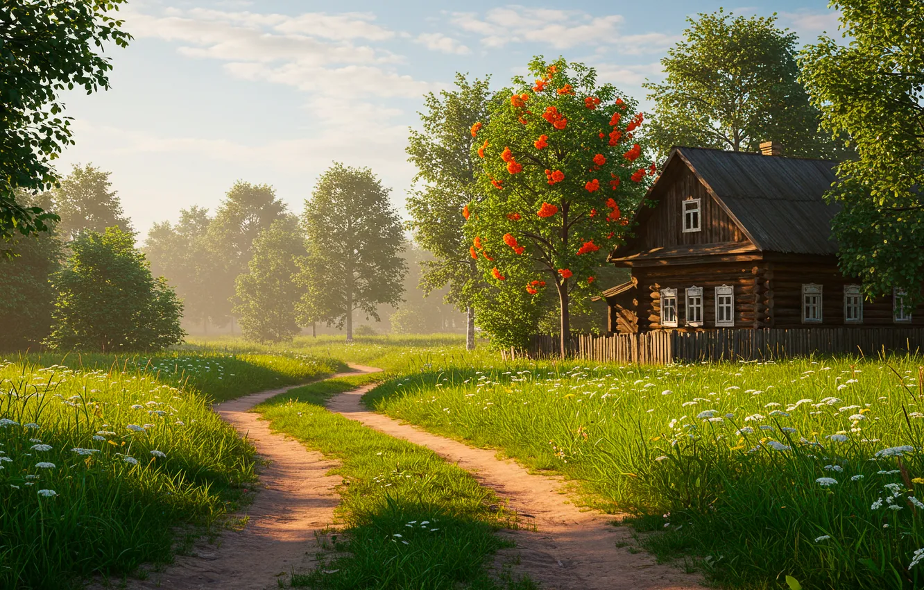 Photo wallpaper road, summer, grass, trees, Wallpaper, figure, home, art