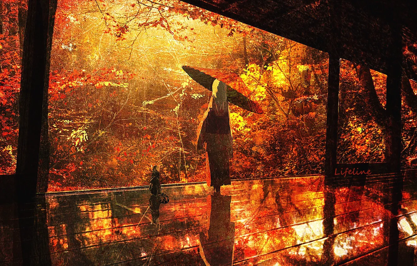 Photo wallpaper autumn, girl, umbrella, porch, Lifeline