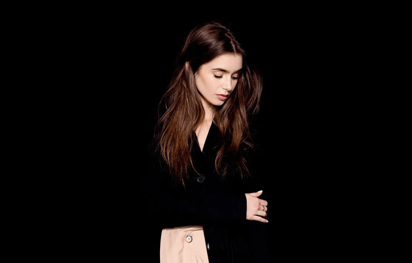 Photo wallpaper girl, pose, background, hair, Lily Collins