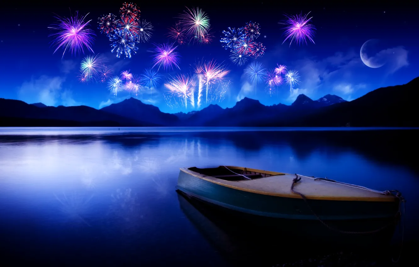 Photo wallpaper the sky, water, mountains, night, lake, reflection, the moon, Boat