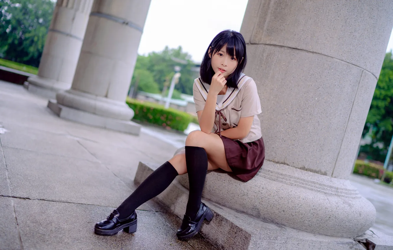 Photo wallpaper look, pose, model, skirt, portrait, makeup, brunette, hairstyle