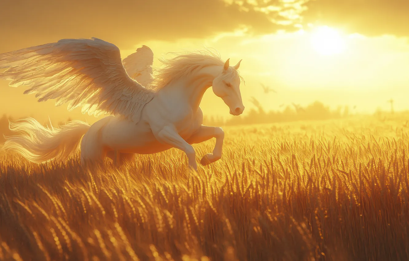 Photo wallpaper wheat, field, clouds, dawn, horse, wings, Pegasus, digital art
