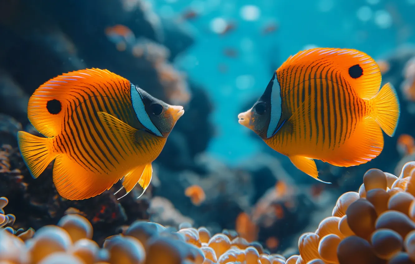 Photo wallpaper sea, water, fish, fish, a couple, underwater world, Duo, striped