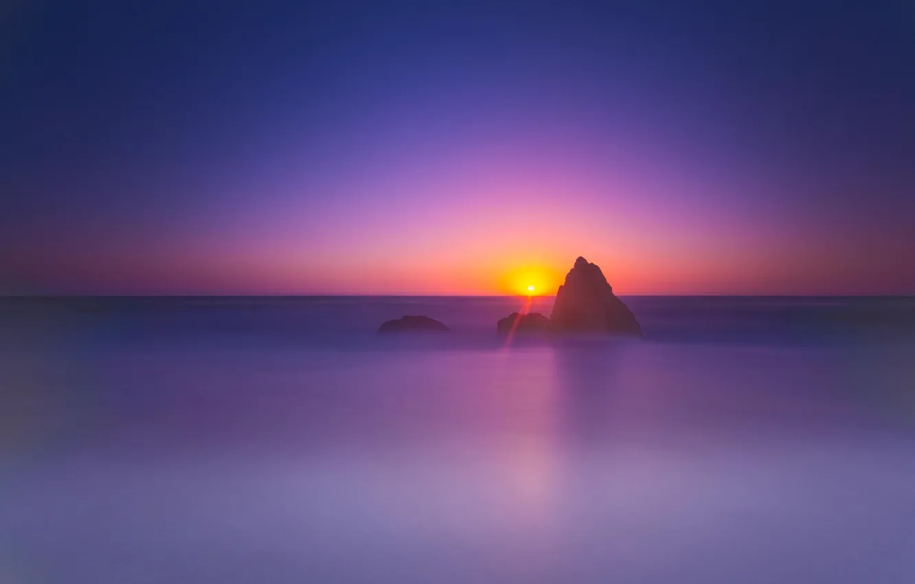 Photo wallpaper sea, the sky, the sun, landscape, rock, dawn, horizon