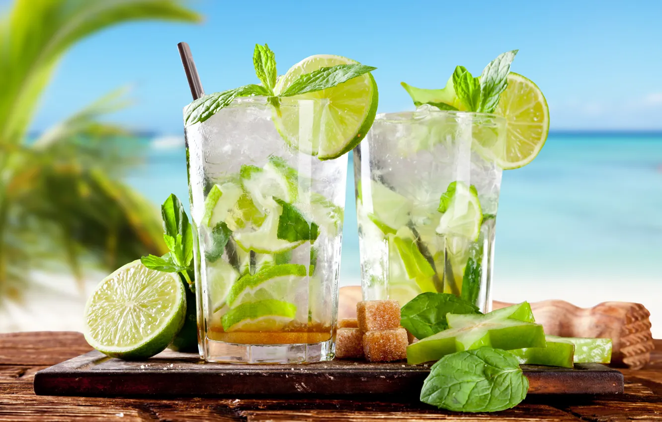 Photo wallpaper beach, summer, tropics, cocktail, lime, summer, drink, beach