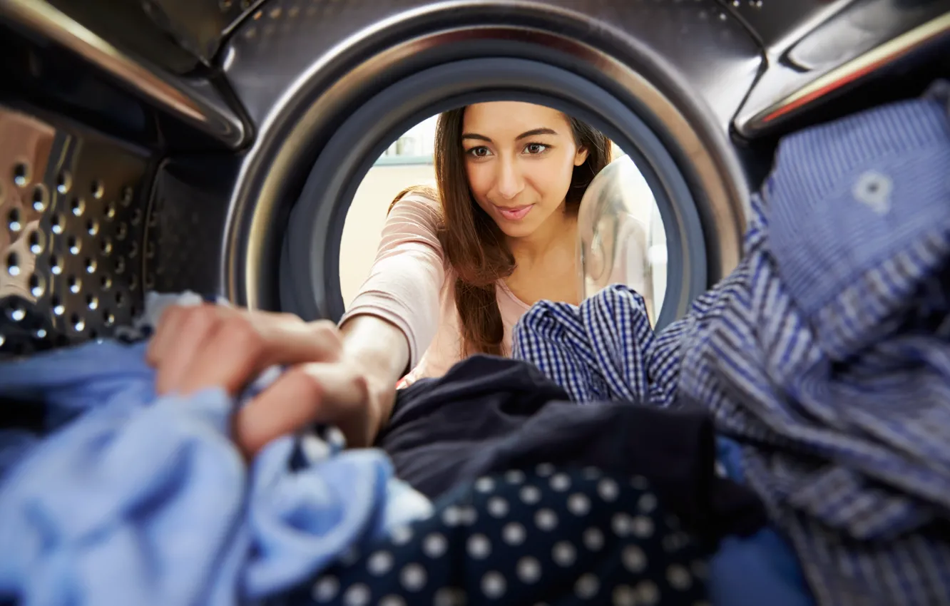 Photo wallpaper woman, washing machine, clothes