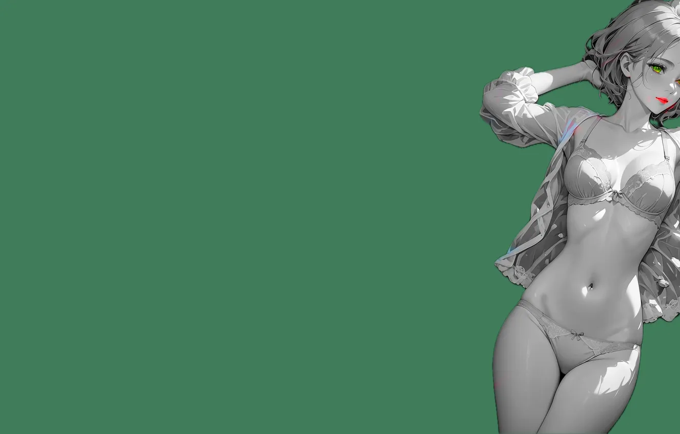 Photo wallpaper green, kawaii, girl, hot, sexy, bra, panties, anime