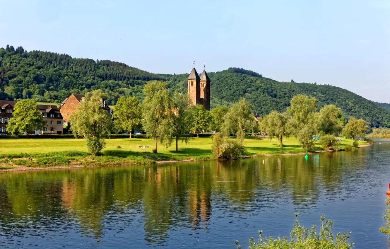 Photo wallpaper forest, grass, trees, river, hills, shore, home, Germany
