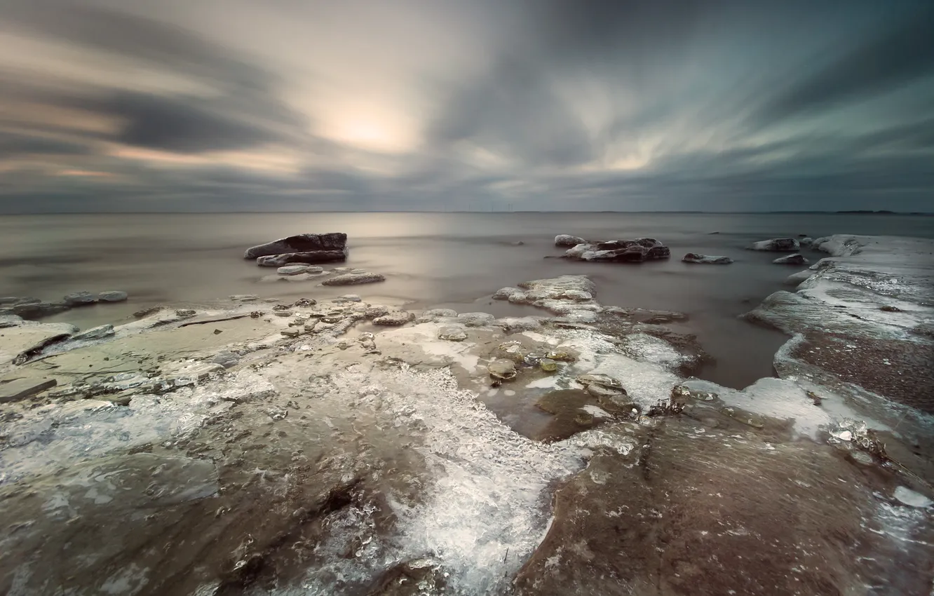 Photo wallpaper ice, sea, the sky, landscape, nature, stones