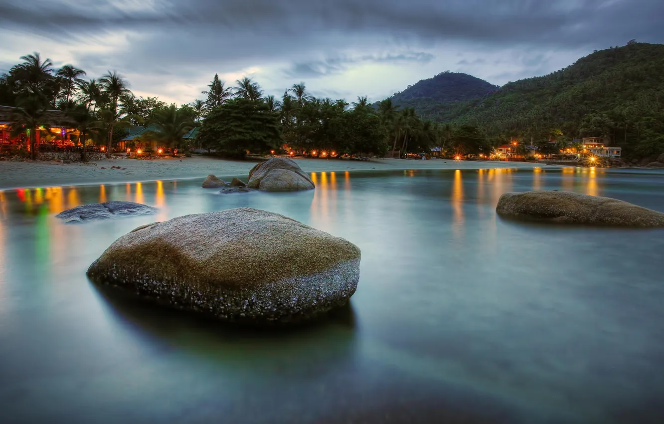 Photo wallpaper nature, palm trees, the ocean, shore, the evening, Bungalow, jungle