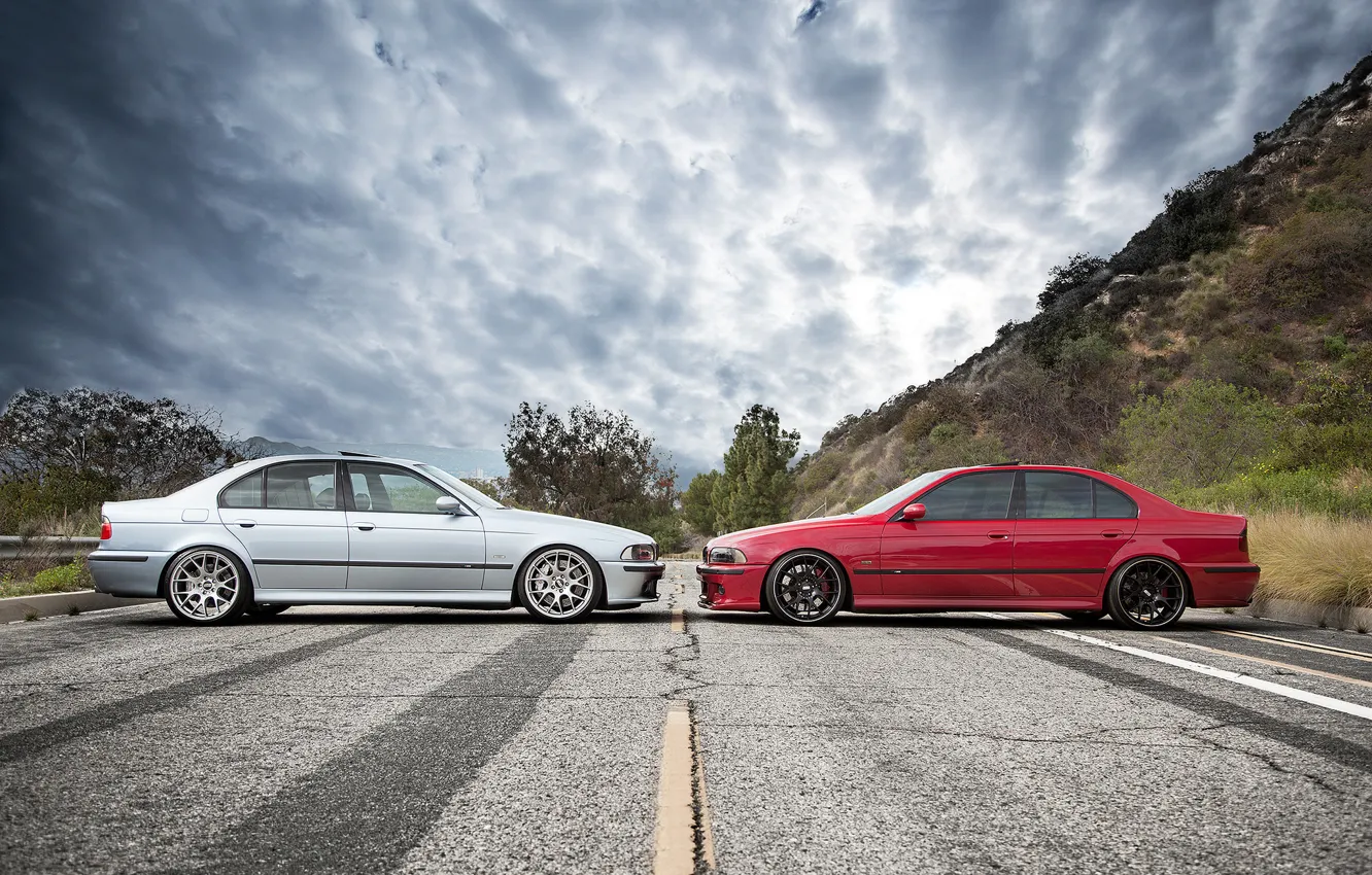 Photo wallpaper road, the sky, red, clouds, blue, bmw, BMW, profile