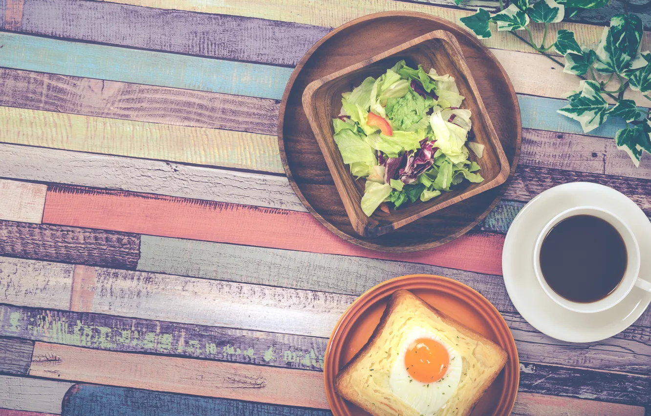 Photo wallpaper coffee, food, Breakfast, scrambled eggs, salad, toast, breakfast