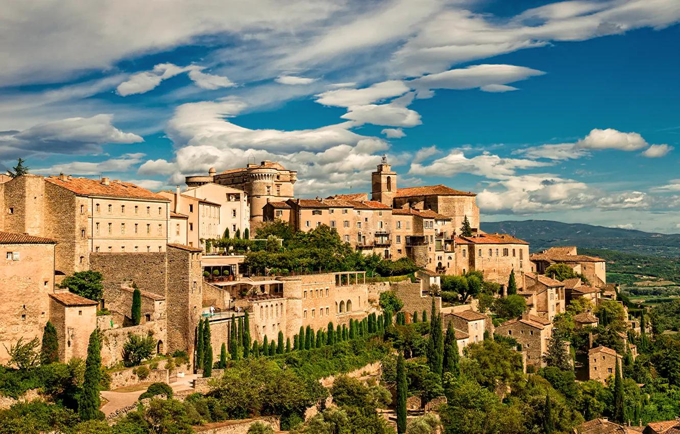 Photo wallpaper field, the sky, clouds, trees, hills, landscape, France, home