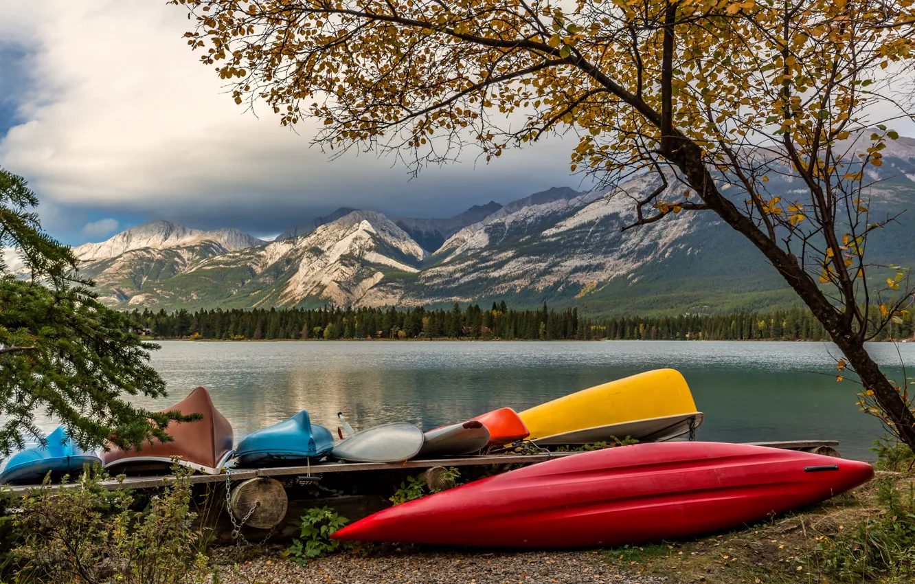 Photo wallpaper autumn, landscape, mountains, nature, lake, Canada, Jasper, forest