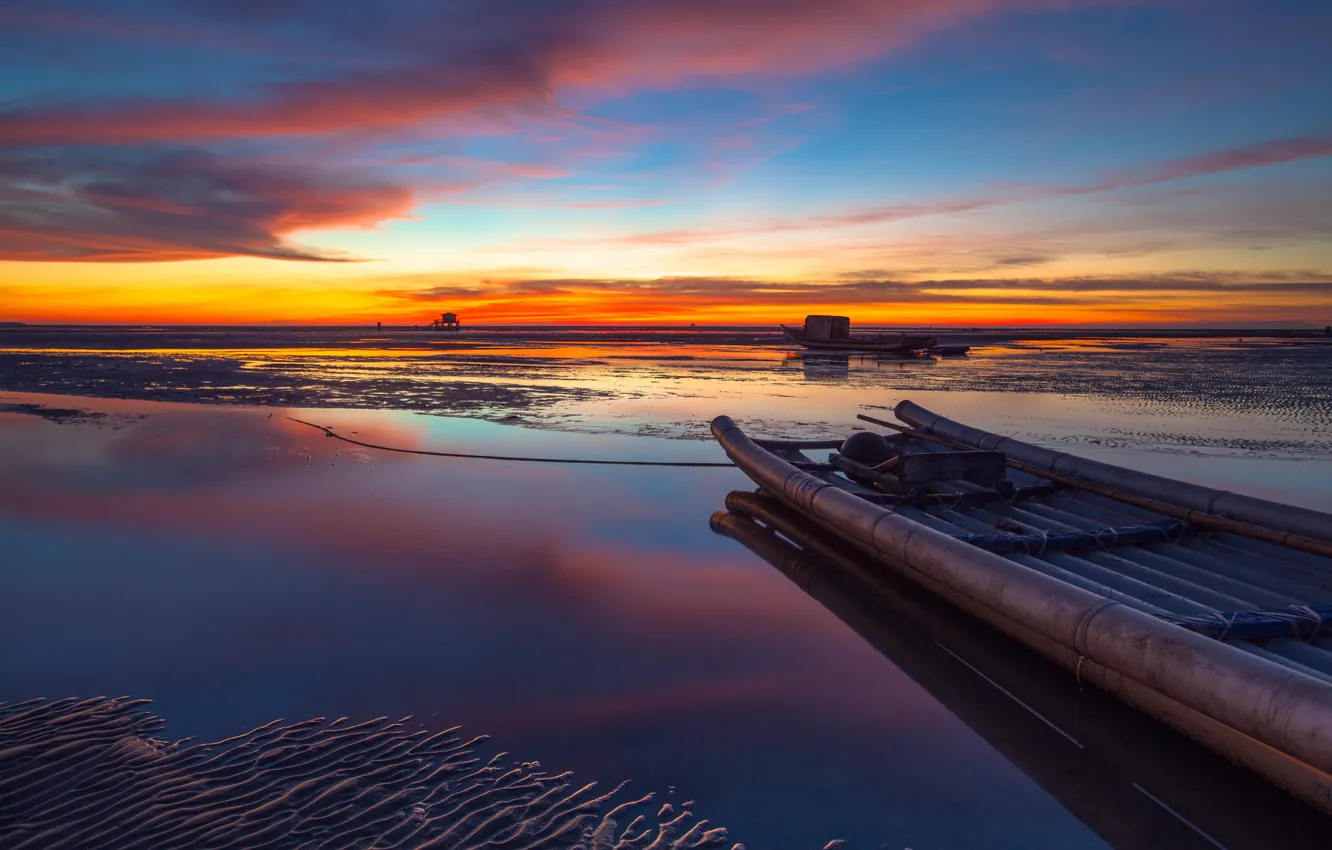 Photo wallpaper sand, the sky, clouds, sunset, Strait, shore, boat, the evening