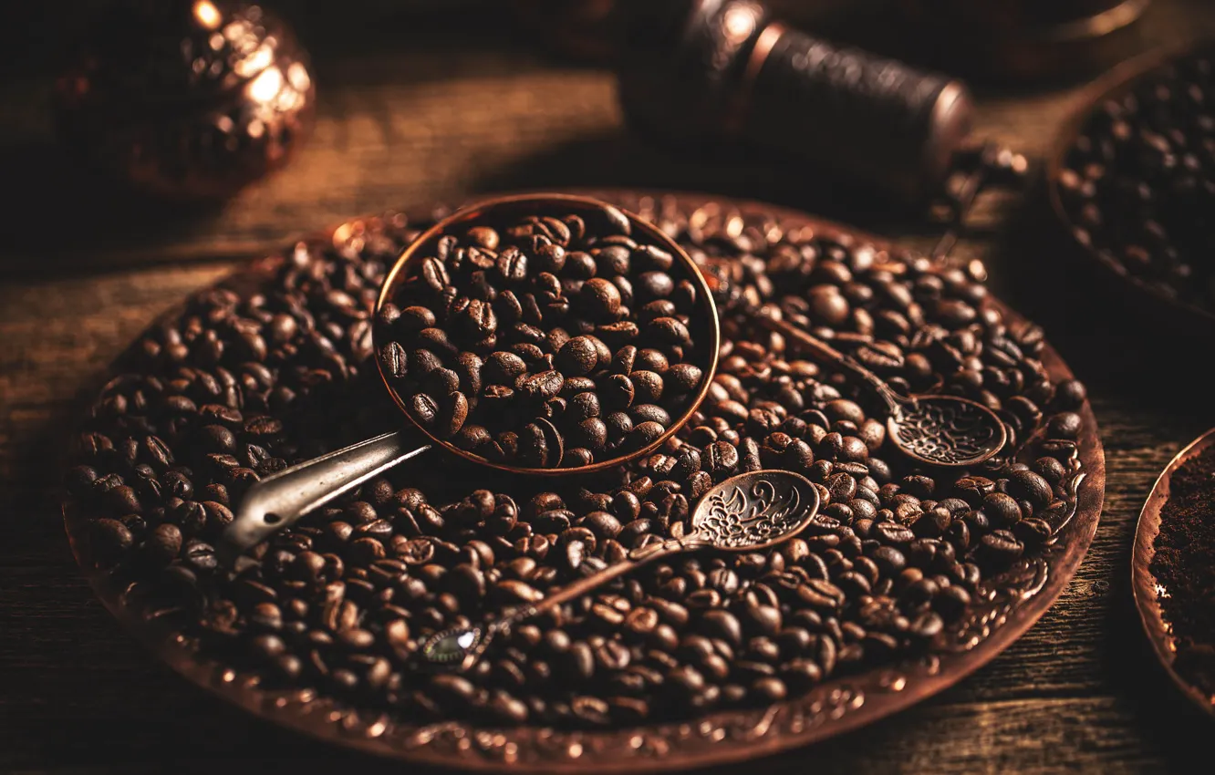 Photo wallpaper the dark background, coffee, spoon, dishes, placer, a lot, coffee beans, tray
