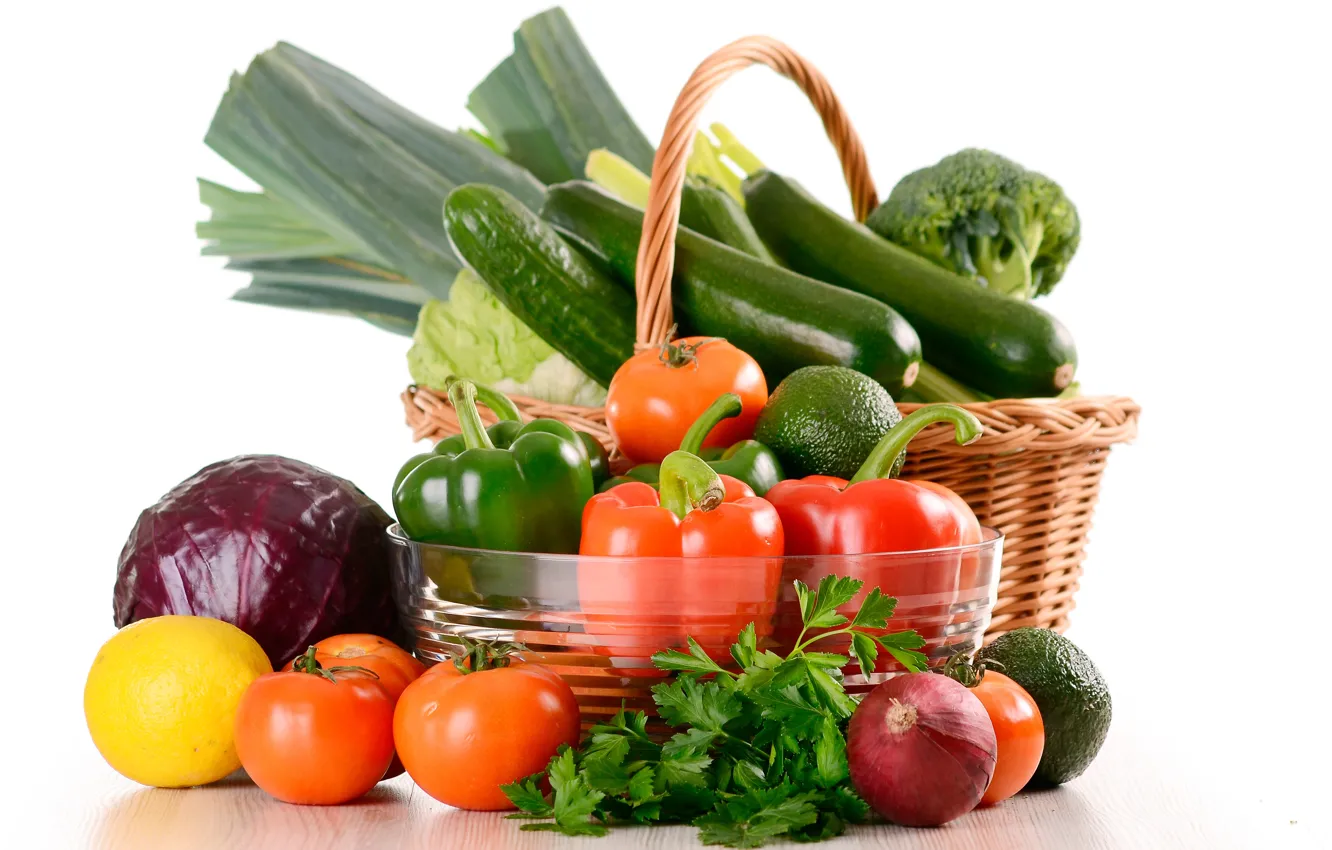 Photo wallpaper greens, lemon, basket, bow, white background, pepper, vegetables, tomatoes