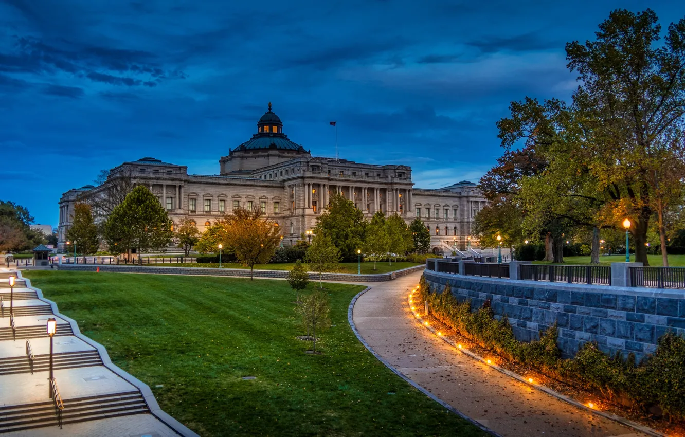 Photo wallpaper the sky, trees, lights, lawn, the evening, lights, Washington, USA