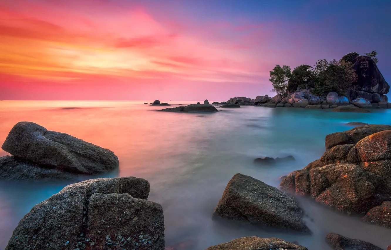 Photo wallpaper sea, the sky, clouds, trees, stones, rocks, island