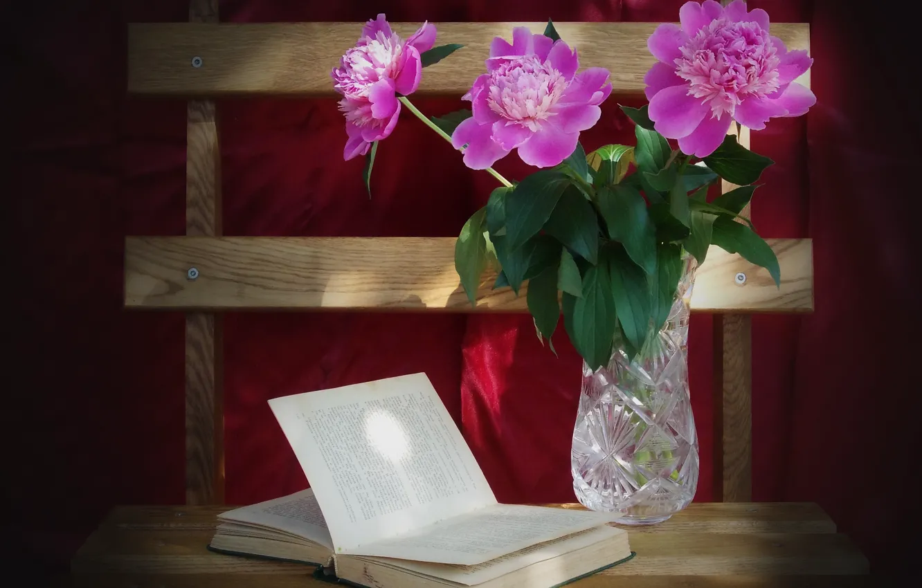 Photo wallpaper silk, crystal, book, vase, pink, peonies, red