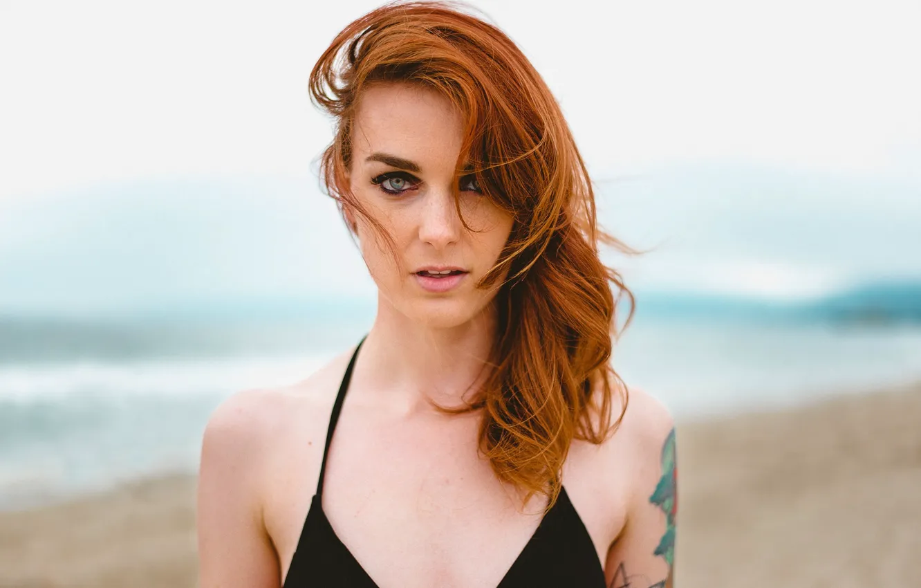 Photo wallpaper easy, tattoo, freckles, redhead, blurred background, cute girl, black t-shirt