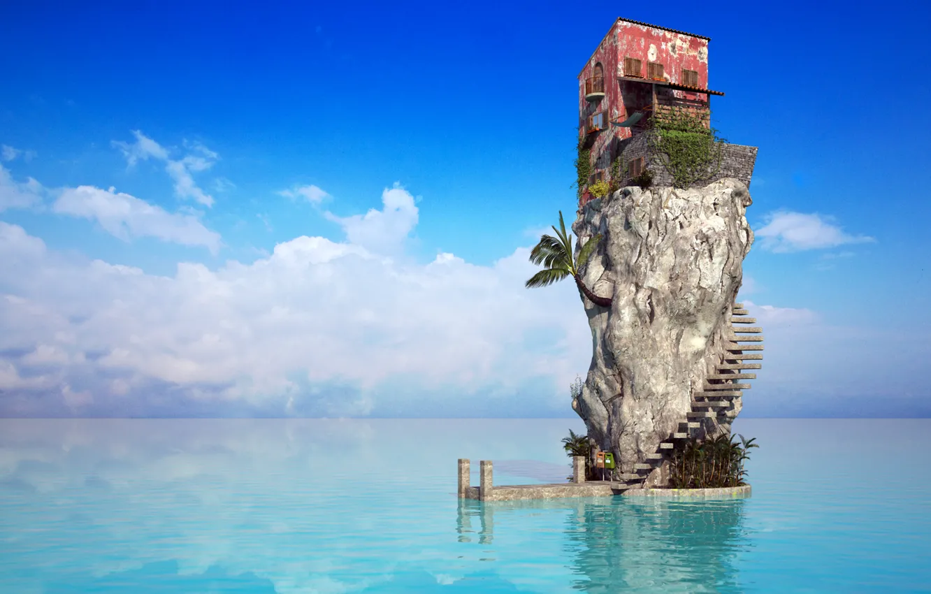 Photo wallpaper rock, house, the ocean