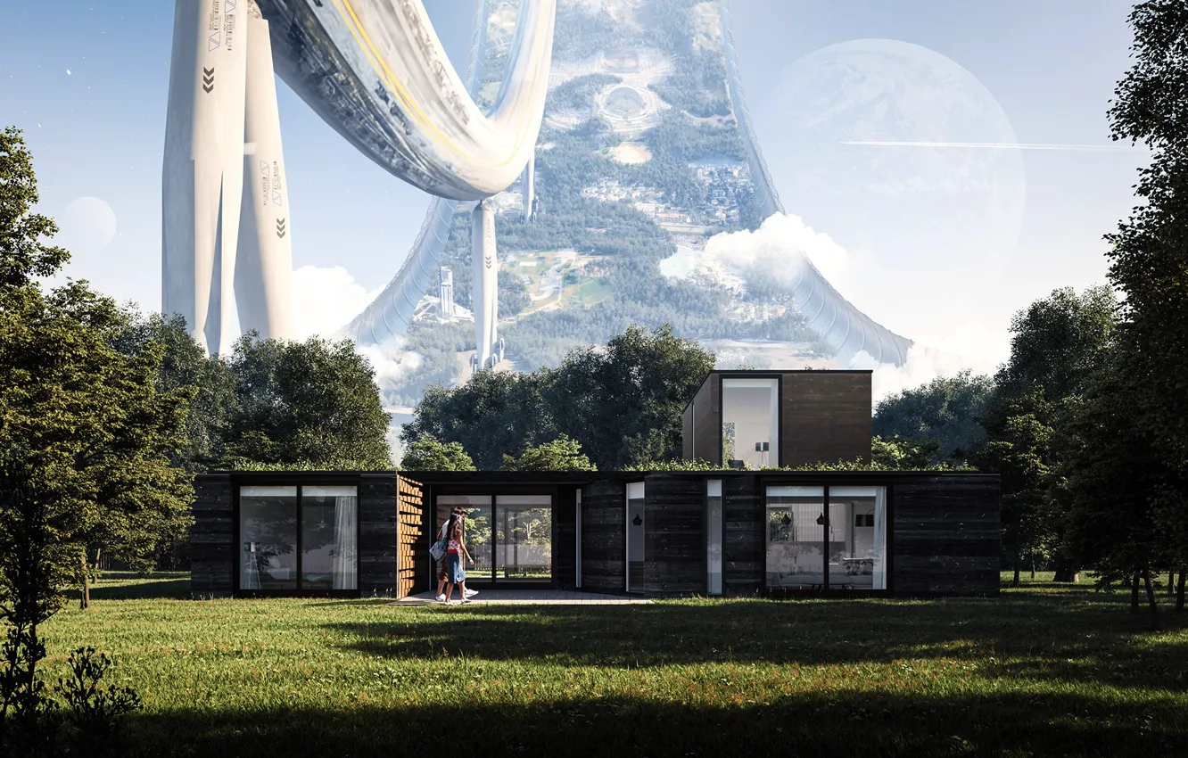 Photo wallpaper trees, lawn, planet, construction, structure
