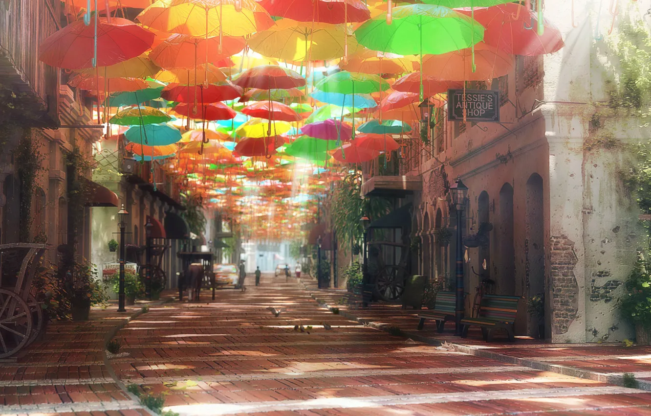 Photo wallpaper the city, street, umbrellas, Street of Dreams