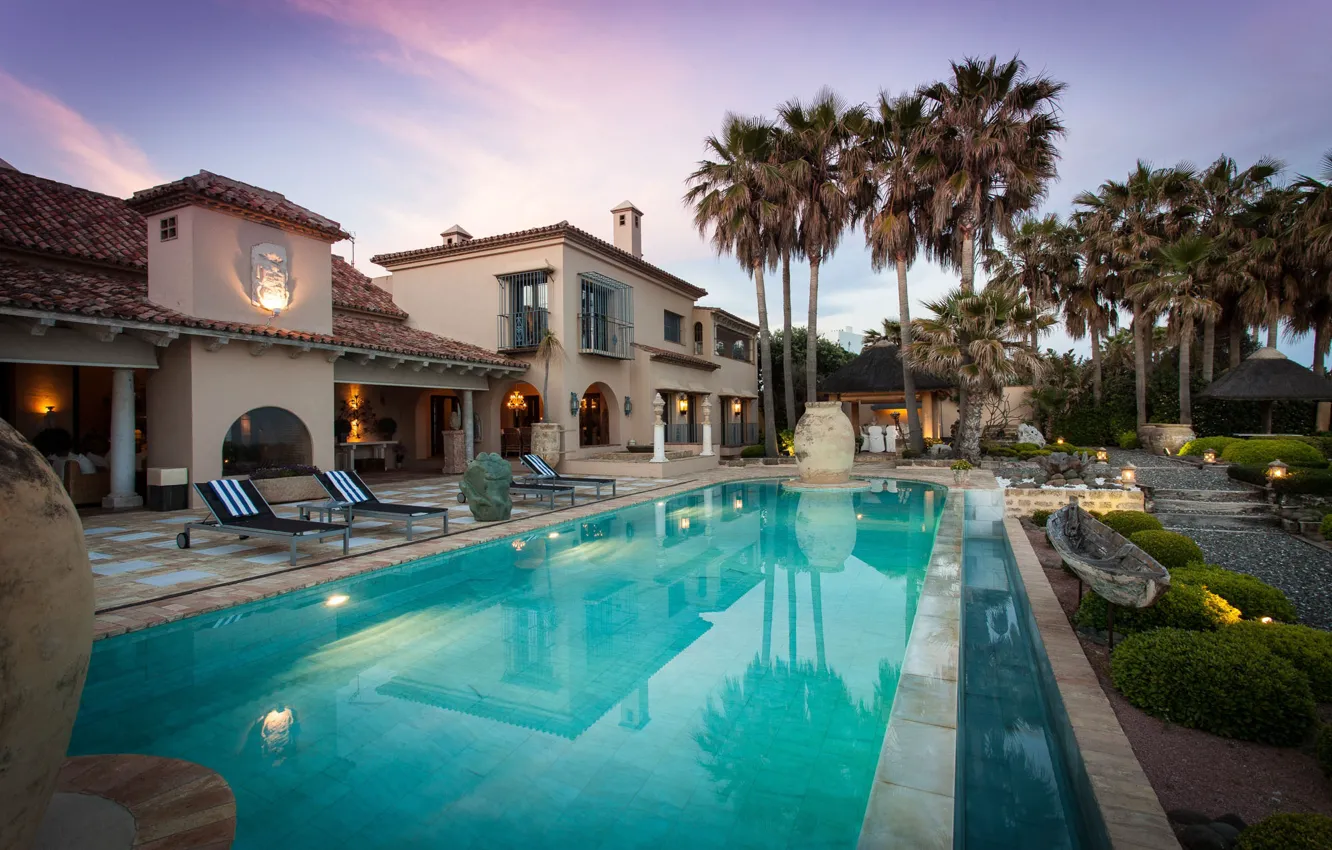 Photo wallpaper palm trees, Villa, the evening, pool, Spain, luxury villa, Marbella, Villa The-Arts