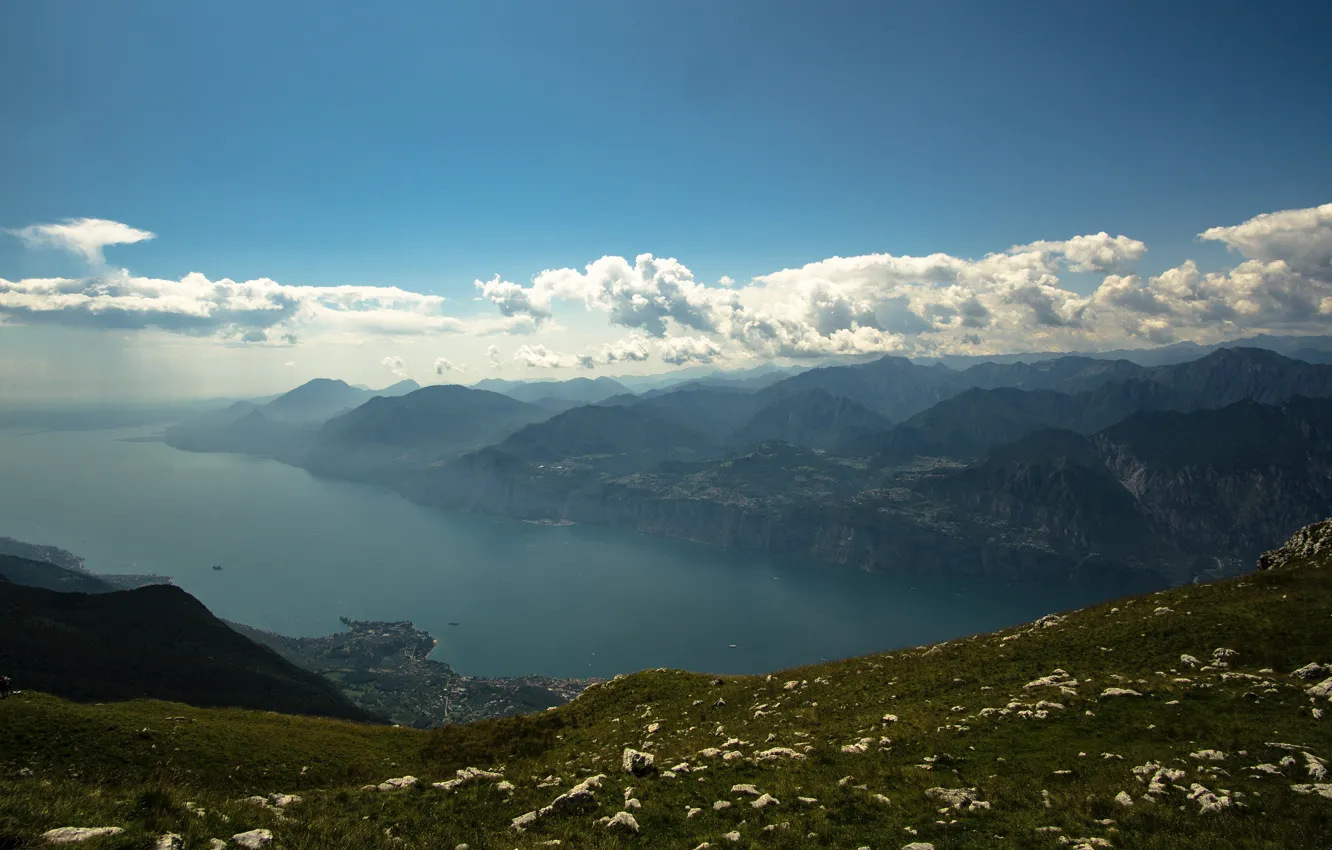 Photo wallpaper clouds, mountains, height, pond