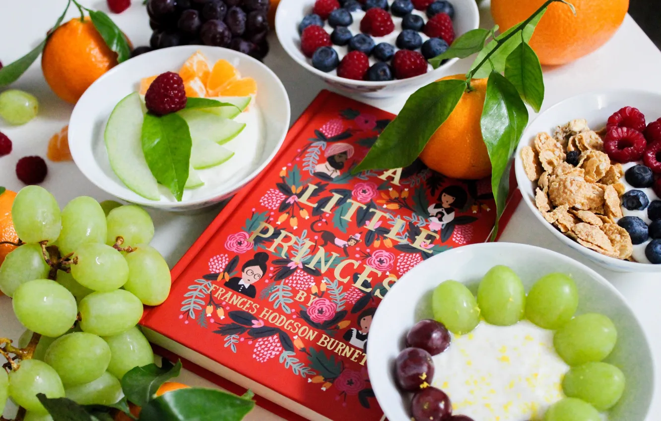 Photo wallpaper apples, Breakfast, grapes, muesli, oatmeal