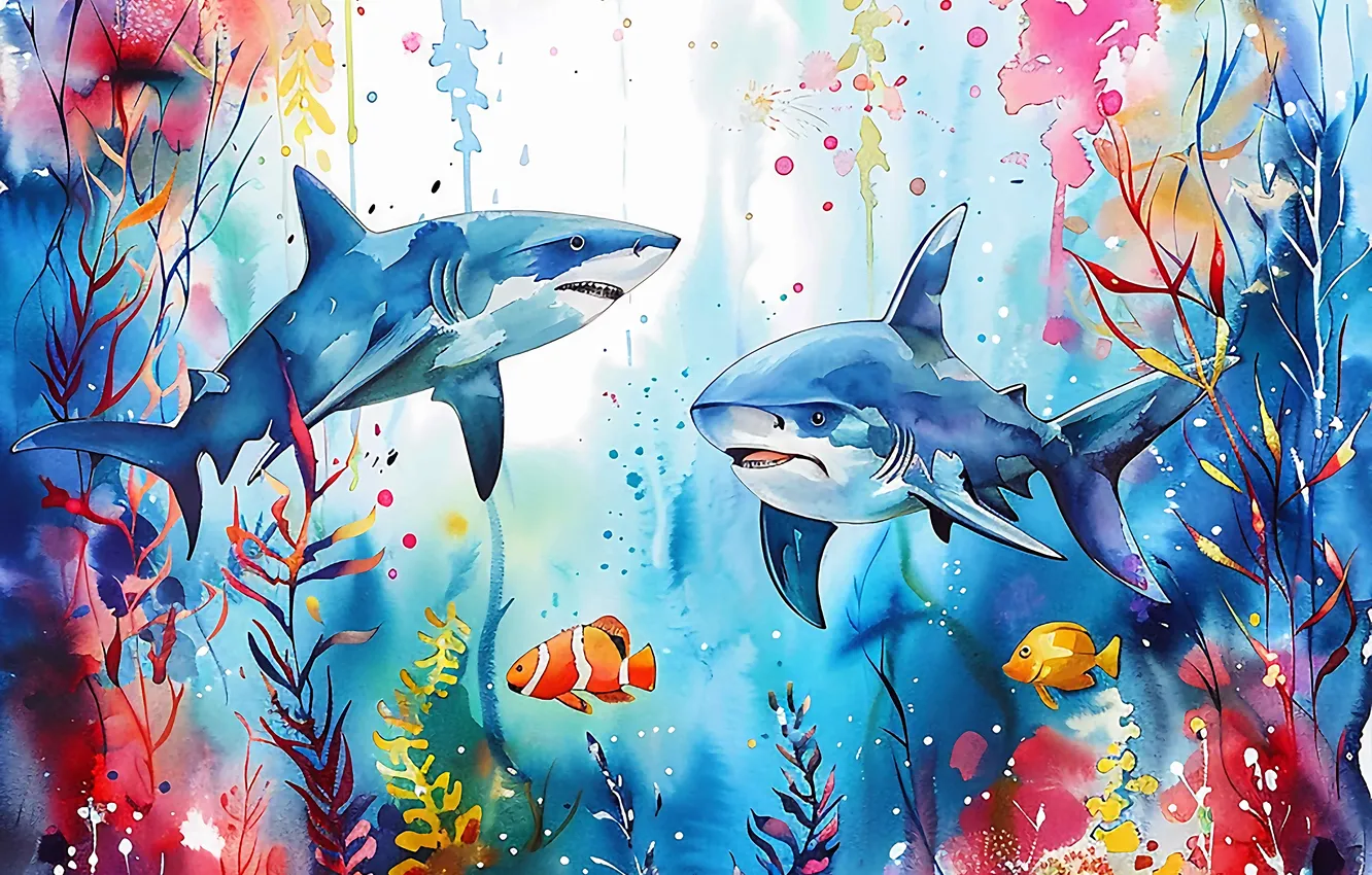 Photo wallpaper algae, fish, predator, shark, two, underwater world, digital art, imitation painting