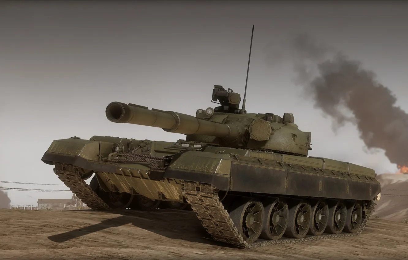 Photo wallpaper sand, smoke, tank, t-80, armored warfare