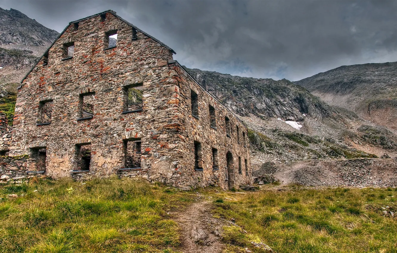 Photo wallpaper road, grass, mountains, the building, ruins, abandonment, stone